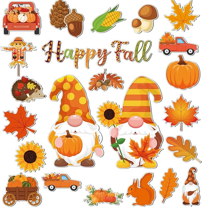 25 Pieces Happy Fall Magnets Gnome Pumpkin Fridge Magnets Fall Theme Car Refrigerator Decals Holidays Magnetic Stickers Autumn Leaves Acorn Thanksgiving Harvest Decoration