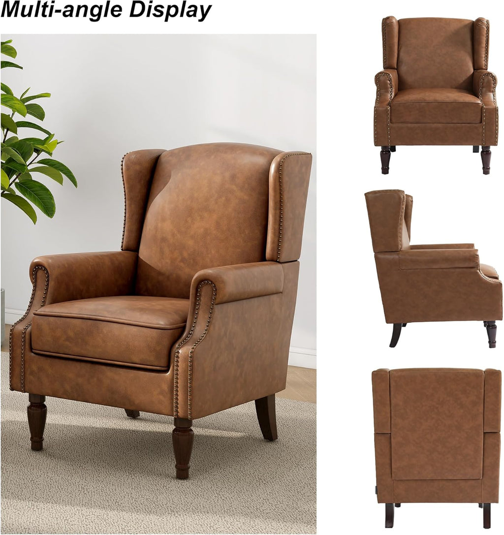 PU Leather High Back Accent Chair, Upholstered Armchair with Solid Wood Legs, Comfy Wingback Reading Single Sofa Chair for Small Spaces, Living Room, Bedroom(Leather Brown, Set of 2)