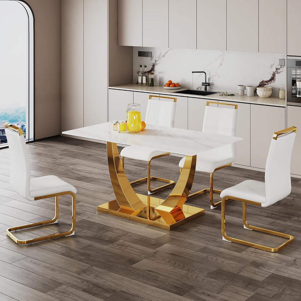 White and Gold Dining Table Set for 4, Faux Marble Dining Room Table Set for 4,63'' Rectangular Tempered Glass Top Kitchen Table Set and 4 Chairs for Dining Room Kitchen