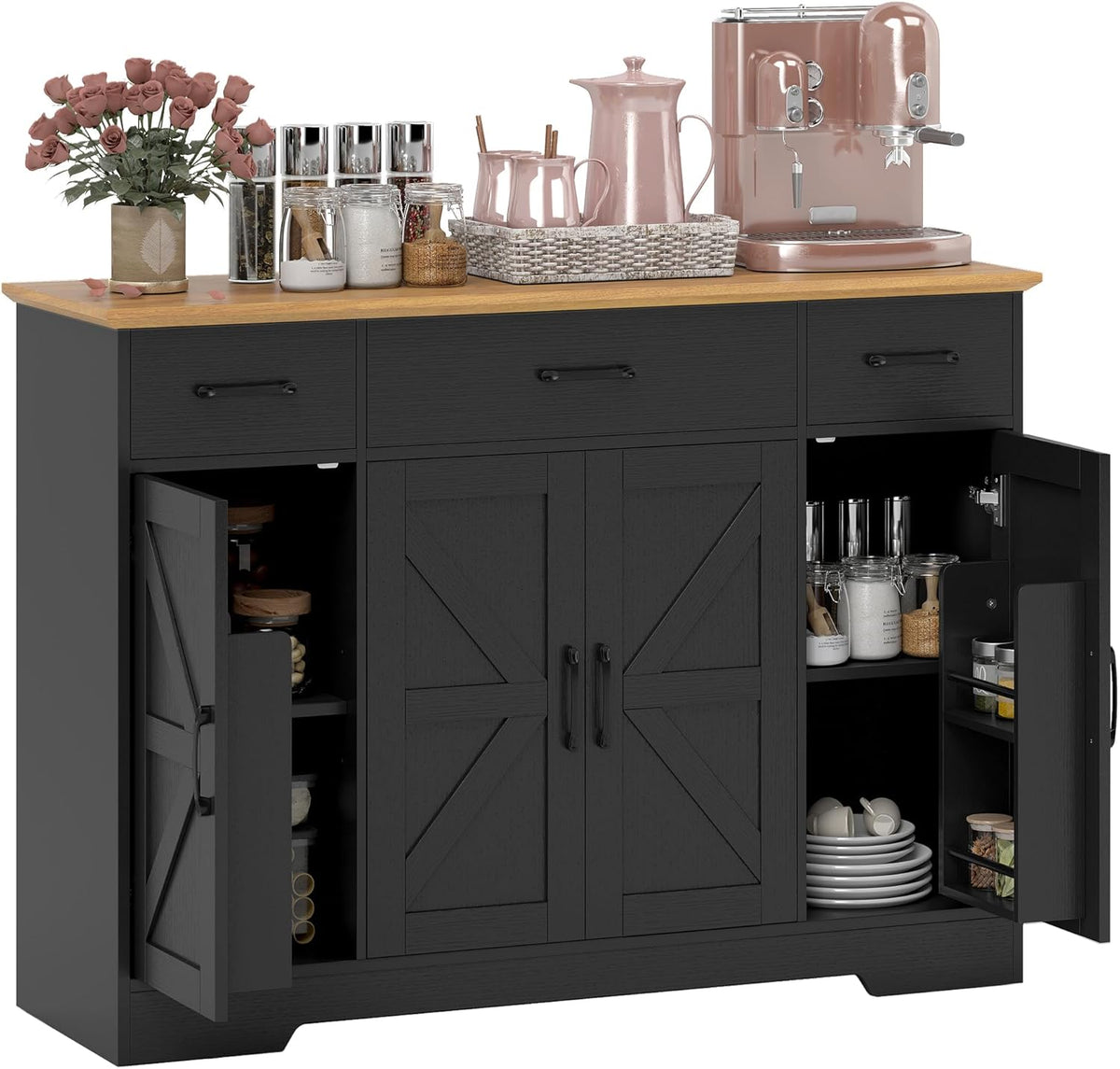 HOMCOM 47" Sideboard Buffet Cabinet, Farmhouse Credenza with Soft-Close Hinges, Coffee Bar Cabinet with Spice Racks, 3 Drawers and 3 Adjustable Shelves, Black