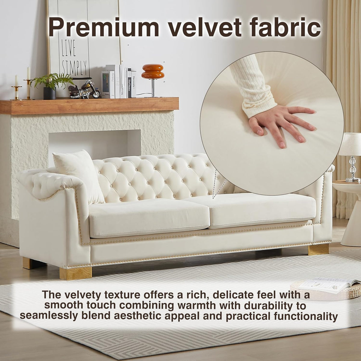 Harper & Bright Designs 84" Classic Modern Chesterfield Sofa - Velvet 3-Seater Couch with Rolled Arms, Tufted Back & Studs for Living Room - Beige