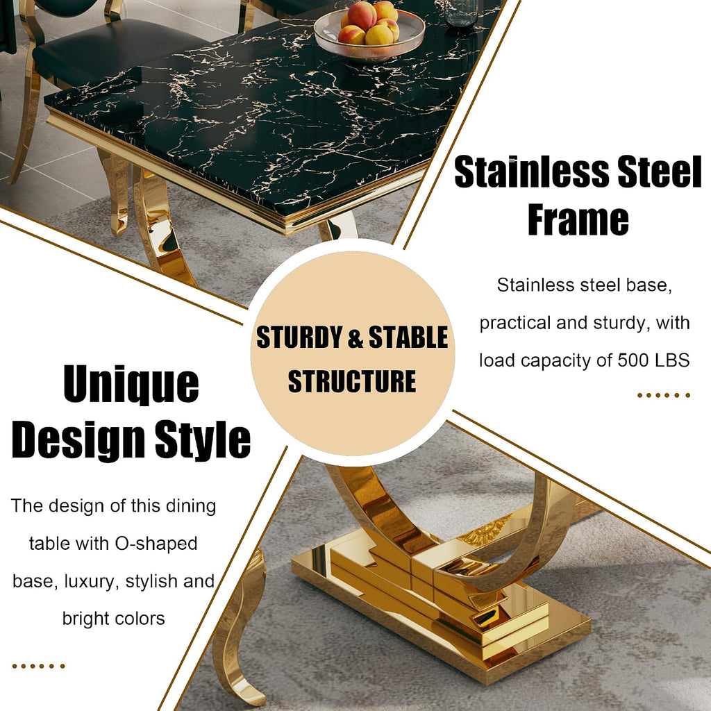 Luxury 7 Piece Marble Dining Table Set with 6 High Backrest Chairs, 70" Faux Marble Kitchen Table with Double O-Shaped Stainless Steel Base, Dining Room Set for Kitchen, Living Room