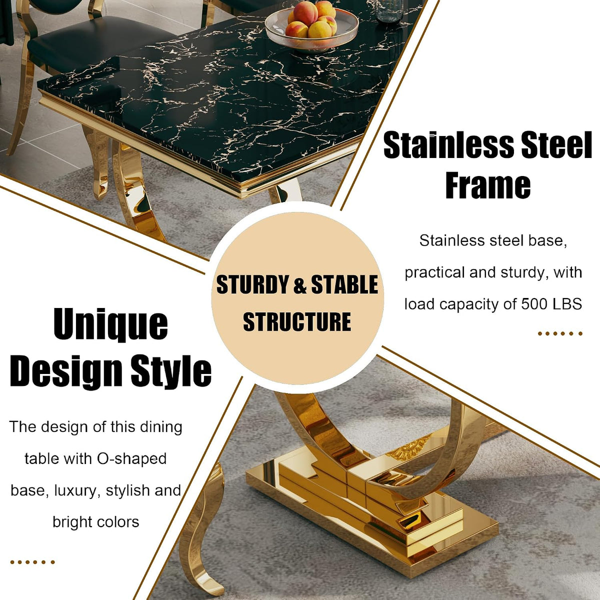 Luxury 7 Piece Marble Dining Table Set with 6 High Backrest Chairs, 70" Faux Marble Kitchen Table with Double O-Shaped Stainless Steel Base, Dining Room Set for Kitchen, Living Room