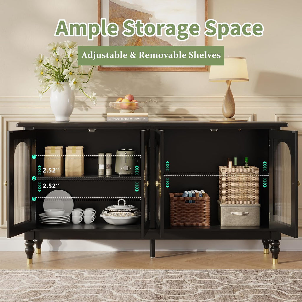 iPormis Fluted Arched Buffet Cabinet with Storage, 59" Modern Sideboard with Glass Door & Adjustable Shelves, Mid Century Modern Solid Wood Credenza Accent Cabinet for Living Room, Entryway, Black