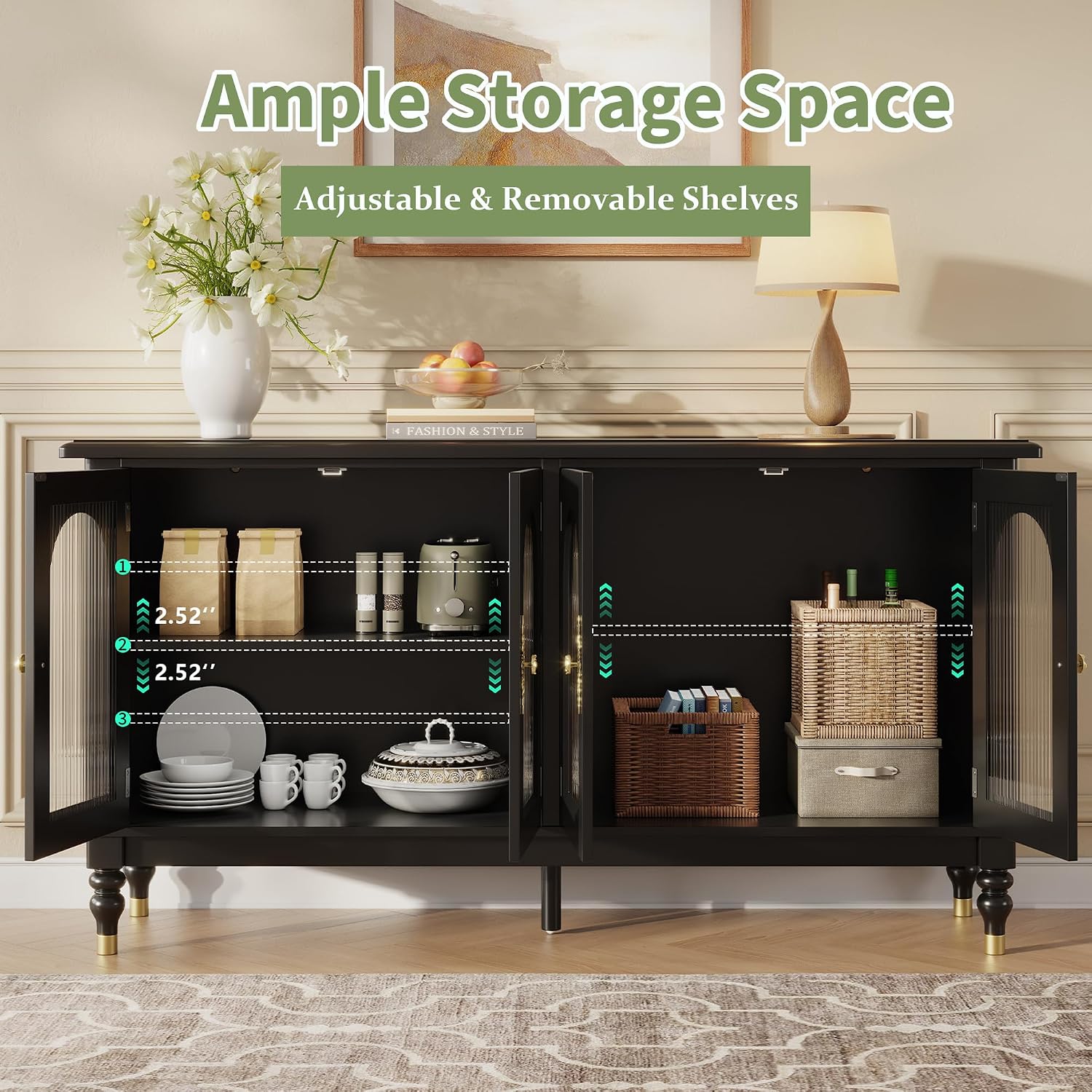 iPormis Fluted Arched Buffet Cabinet with Storage, 59" Modern Sideboard with Glass Door & Adjustable Shelves, Mid Century Modern Solid Wood Credenza Accent Cabinet for Living Room, Entryway, Black