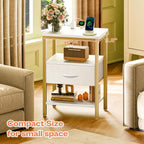 SUPERJARE Nightstand with Charging Station, Bed Side Table with Adjustable Fabric Drawer, Night Stand for Bedroom, 3-Tier Storage End Table, for Living Room, White and Gold