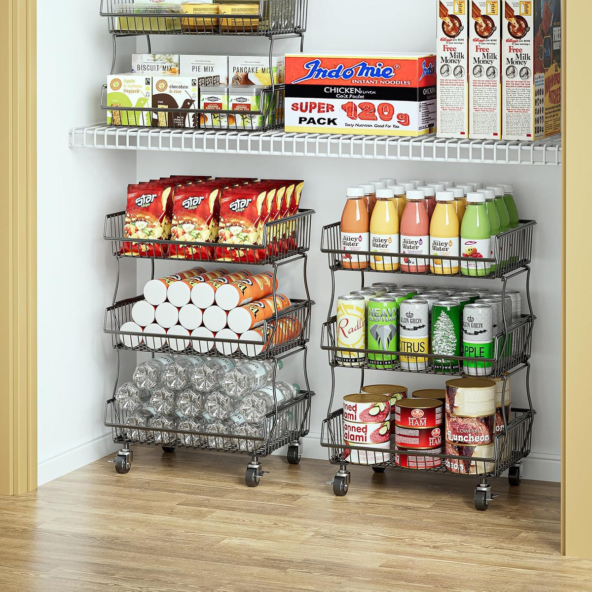 OKZEST Pantry Organizers and Storage Cart with Upgraded Metal Hub Casters | Fits under pantry shelf, stackable fine-mesh wire baskets, 3-tier rolling cart holds drink, snack, can, potato, onion, fruit