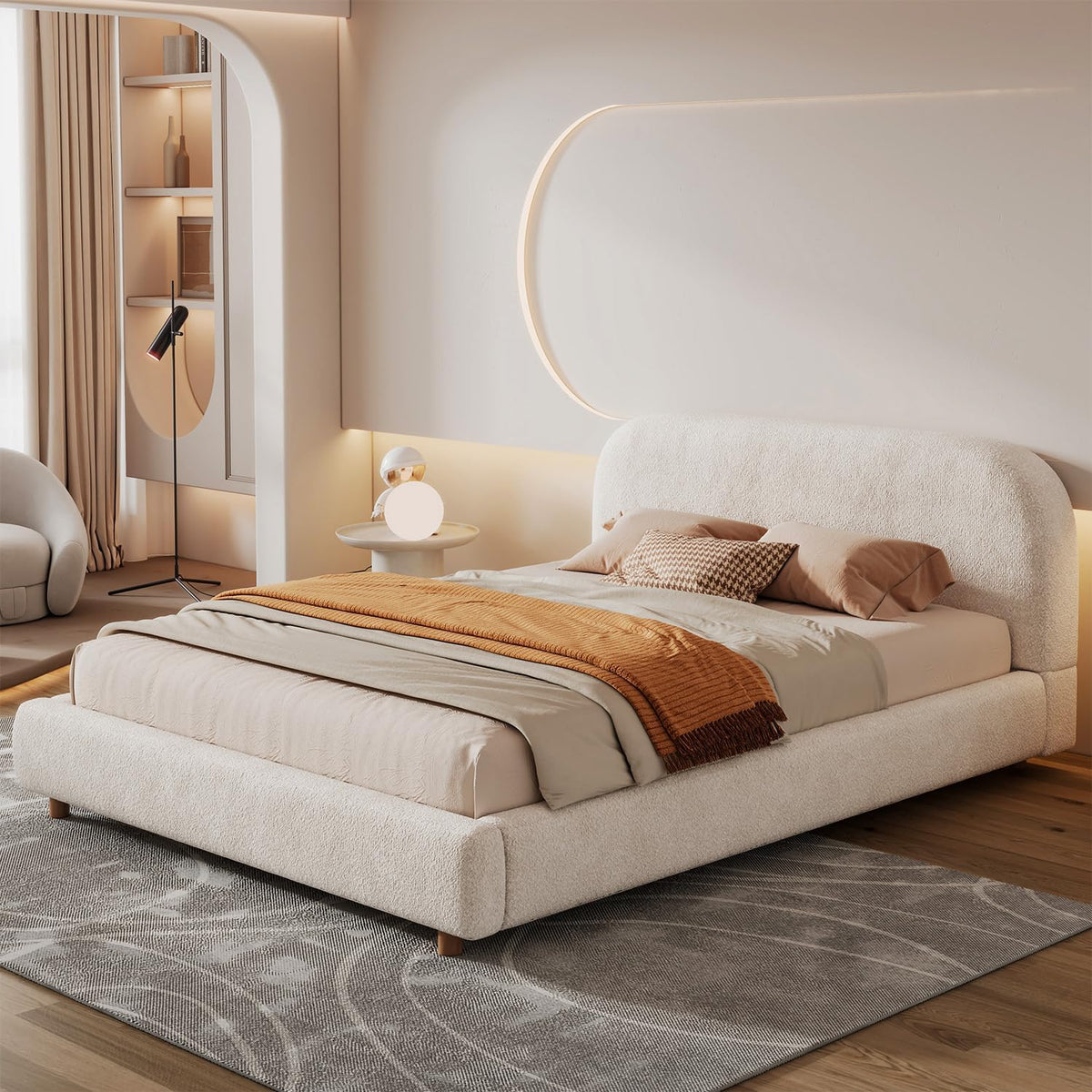 Queen Size Bed Frame, Cloud Upholstered Boucle Platform Beds Frames