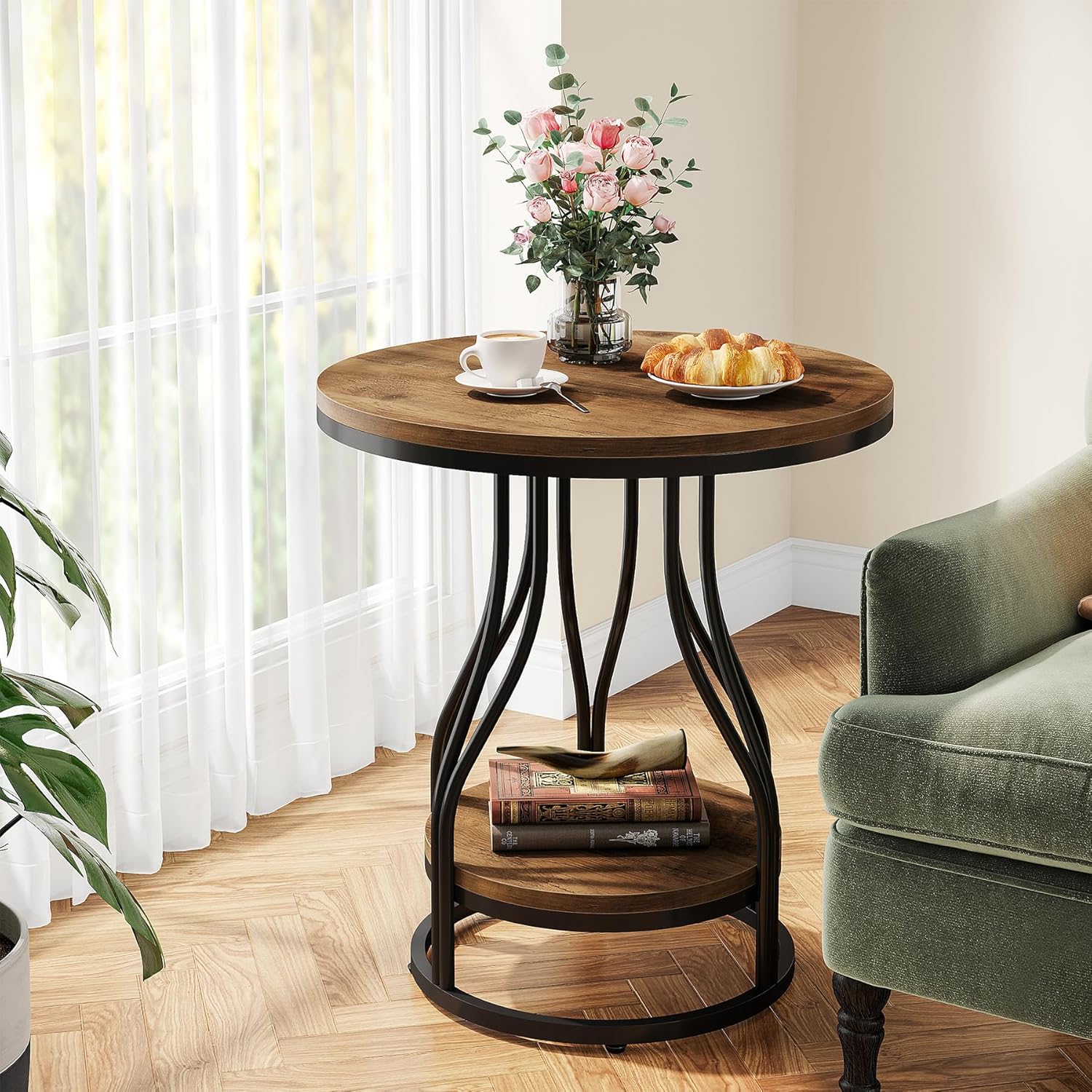 Tribesigns Round Side End Table 2-Tier End Tables Modern Bedside Table Small Chirside Tables with Storage for Couch Side, Nightstand with Metal Frame for Living Room (1, Brown+Black)
