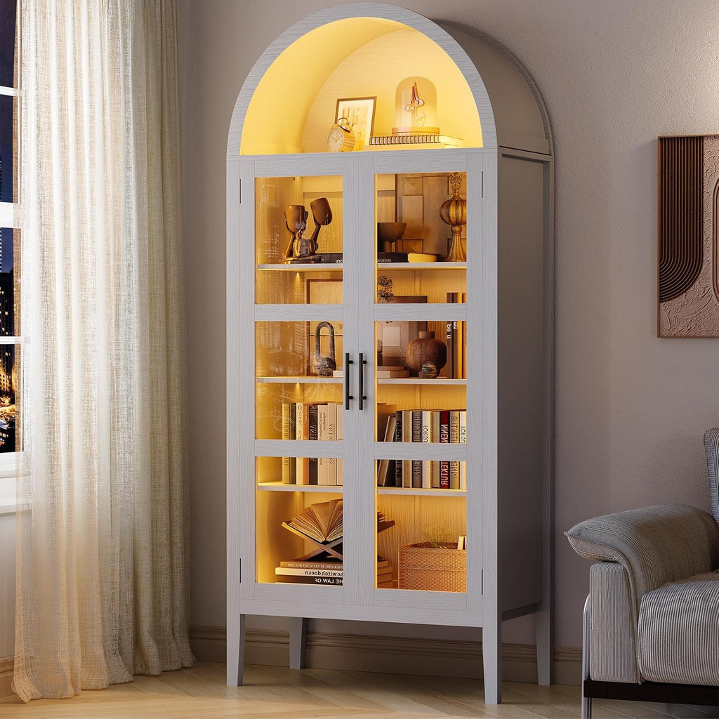 70" Tall Arched Pantry Cabinet with Tempered Glass Doors and LED Lighting - Modern Wood Display Storage with Adjustable Shelves and Acrylic Side Panels - for Kitchen, Dining, Living Room -
