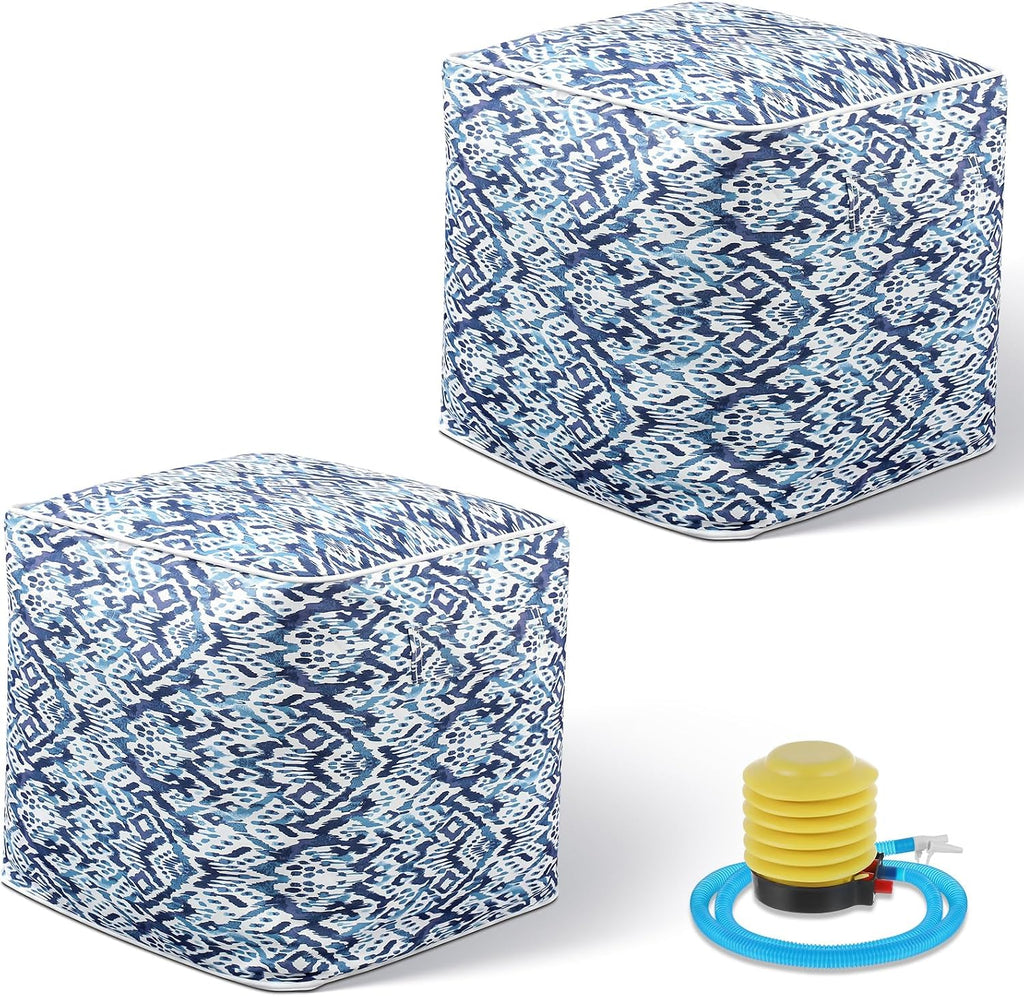 Juexica 2 Pack Inflatable Outdoor Ottoman Pouf Waterproof Cube 16" Square Blow up Ottoman Footrest with Handle Outdoor Portable Footstool for Patio Garden Camping or Home Pool(Diamond Stripes,Blue)