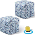 Juexica 2 Pack Inflatable Outdoor Ottoman Pouf Waterproof Cube 16" Square Blow up Ottoman Footrest with Handle Outdoor Portable Footstool for Patio Garden Camping or Home Pool(Diamond Stripes,Blue)