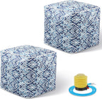 Juexica 2 Pack Inflatable Outdoor Ottoman Pouf Waterproof Cube 16" Square Blow up Ottoman Footrest with Handle Outdoor Portable Footstool for Patio Garden Camping or Home Pool(Diamond Stripes,Blue)