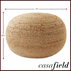 Casafield Hand-Braided Jute Pouf Ottoman Footrest, 19" W x 19" D x 10-1/2" H - Round, Natural Woven Boho Floor Cushion, Home Decor for Living Room