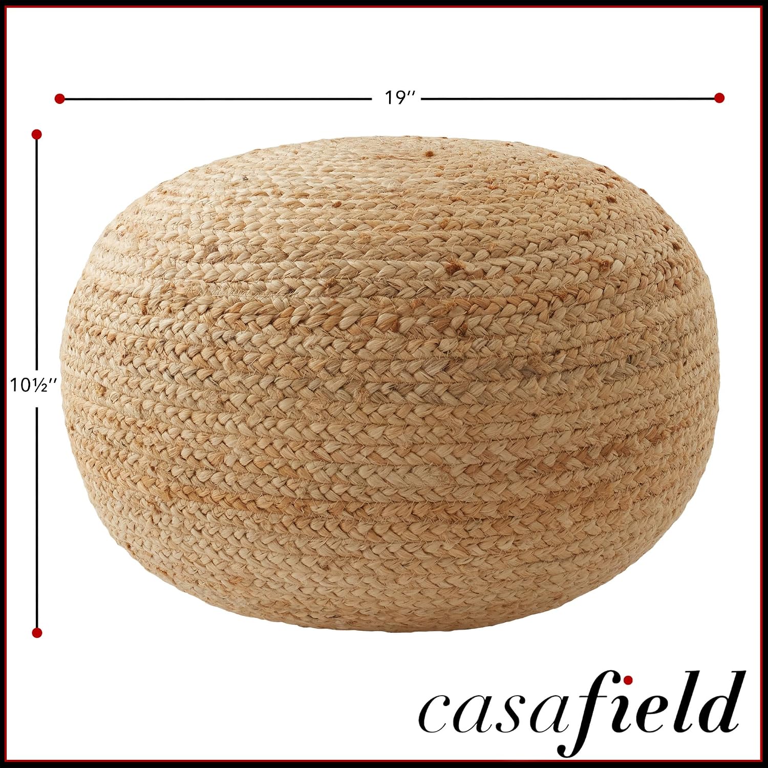 Casafield Hand-Braided Jute Pouf Ottoman Footrest, 19" W x 19" D x 10-1/2" H - Round, Natural Woven Boho Floor Cushion, Home Decor for Living Room