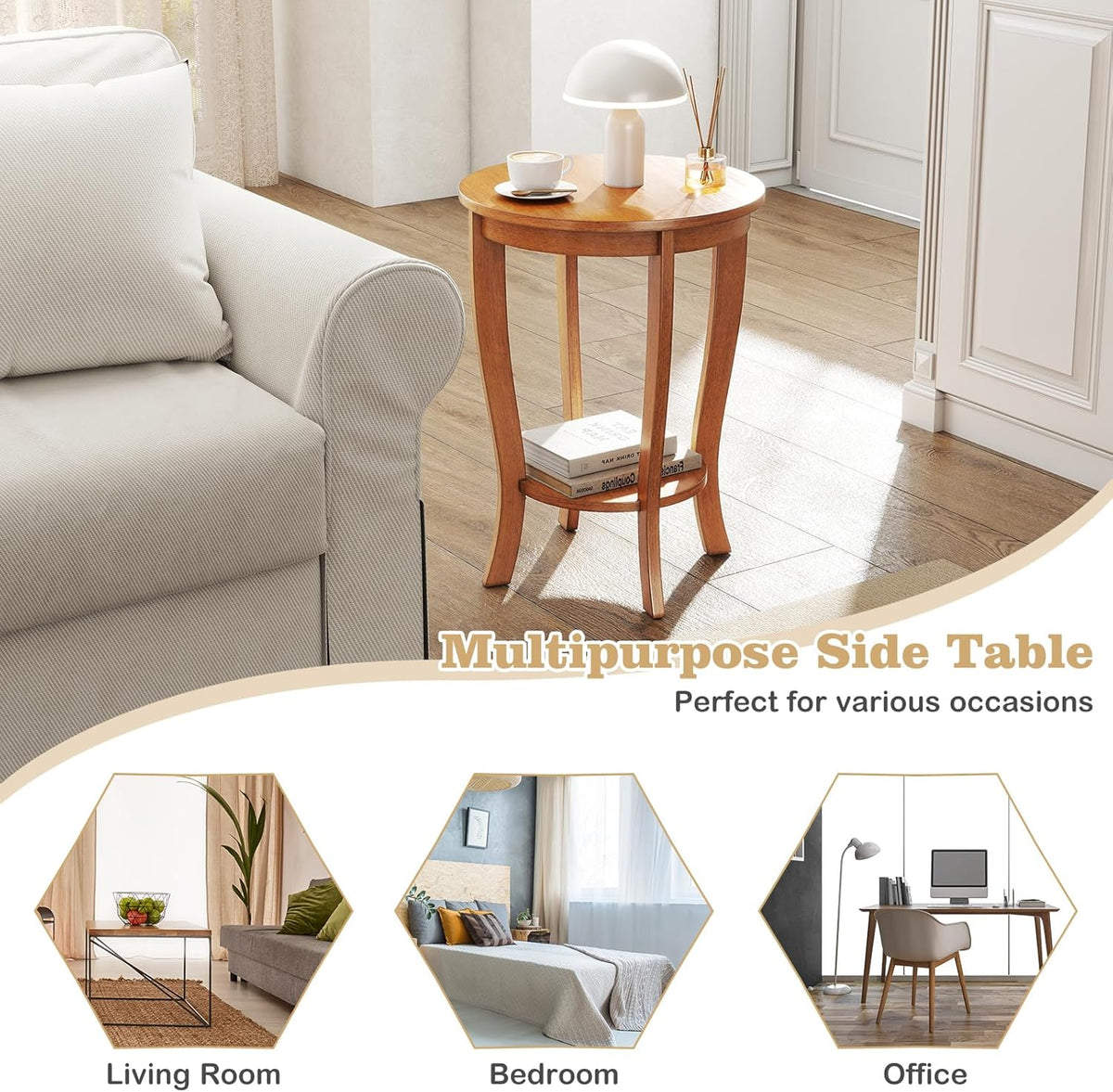 Giantex Round End Table Set of 2, Retro Nightstand with Storage Shelf & Solid Wood Legs, 24.5" Accent Side Table for Small Spaces, Wood Night Stand for Living Room Bedroom, Light Brown