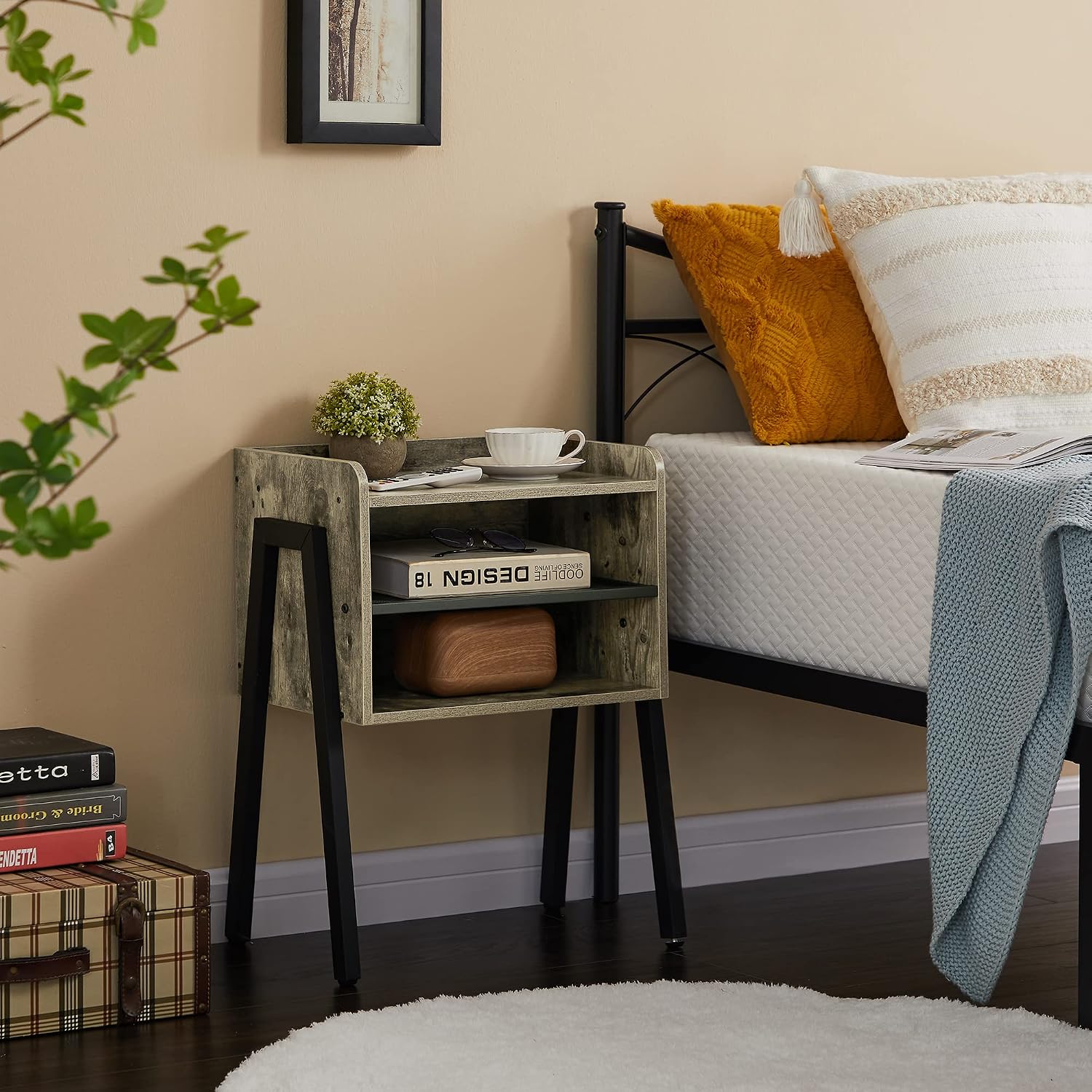 VECELO Nightstand Set of 2,Industrial Side Table End Table,Stackable Accent Table with 2-Tier Open Storage Compartments for Bedroom, Living Room and Small Spaces