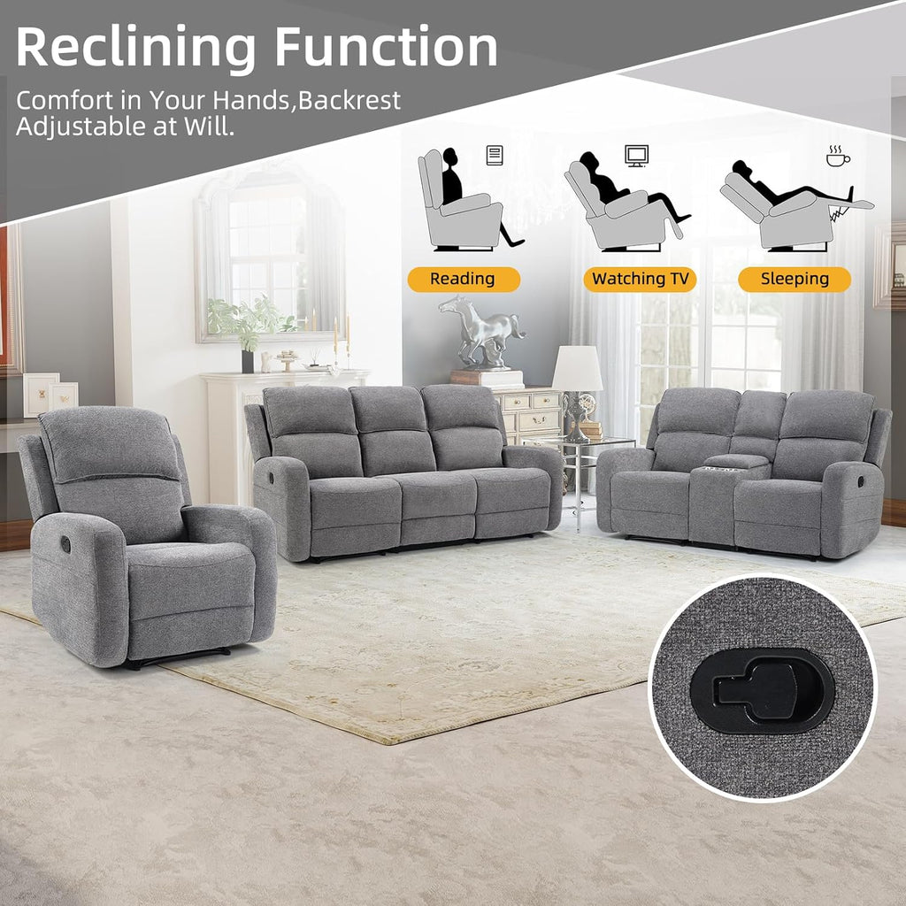 EBELLO Manual Living Room Furniture Reclining Couch Set, Fabric Recliner Chair, Loveseat and 3 Seat Sofa Couch for Meeting Room(Recliner+Loveseat+3 Seat Sofa)