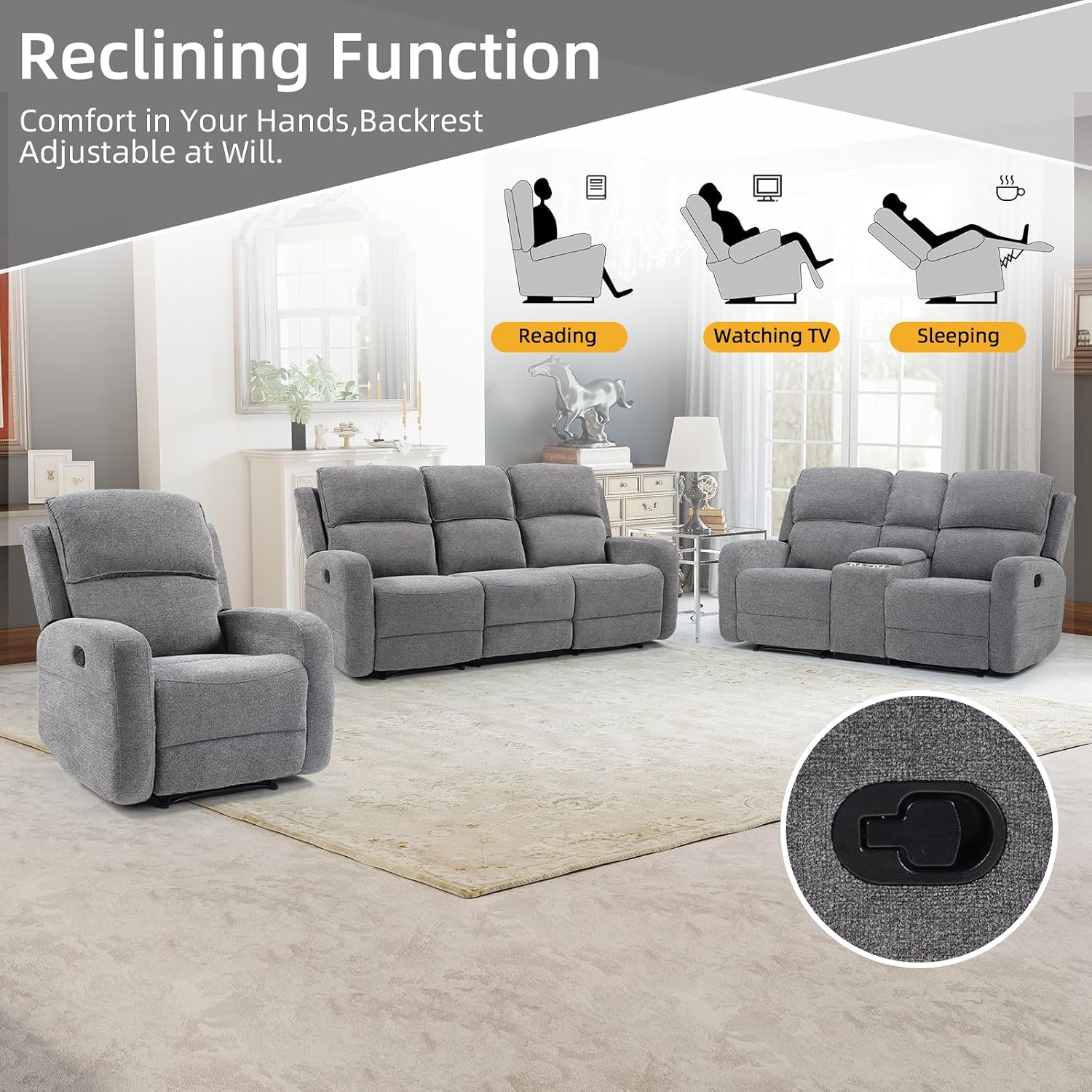 EBELLO Manual Living Room Furniture Reclining Couch Set, Fabric Recliner Chair, Loveseat and 3 Seat Sofa Couch for Meeting Room(Recliner+Loveseat+3 Seat Sofa)