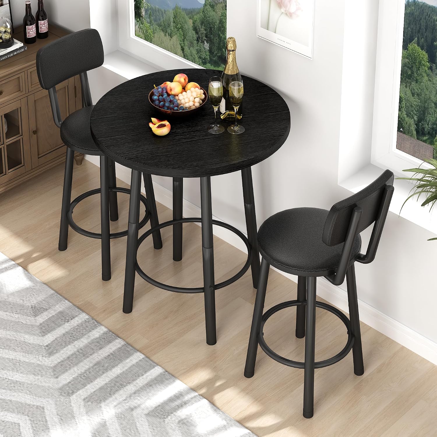 Recaceik 3‑Piece Pub Dining Set, Counter Height Modern Round Bar Table with Wood Top, Pub Table and Stools for 2, Easy Assemble Bistro Set for Breakfast Nook, Living Room, Small Space Restaurant