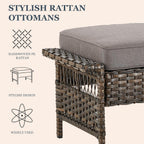 Patio Ottomans 2 Piece Outdoor Wicker Ottomans PE Rattan Footrest with Thickened Cushions Footstools for Garden Sunroom Deck Porch Balcony Poolside, Ottomans(2PCS), Brown|Grey