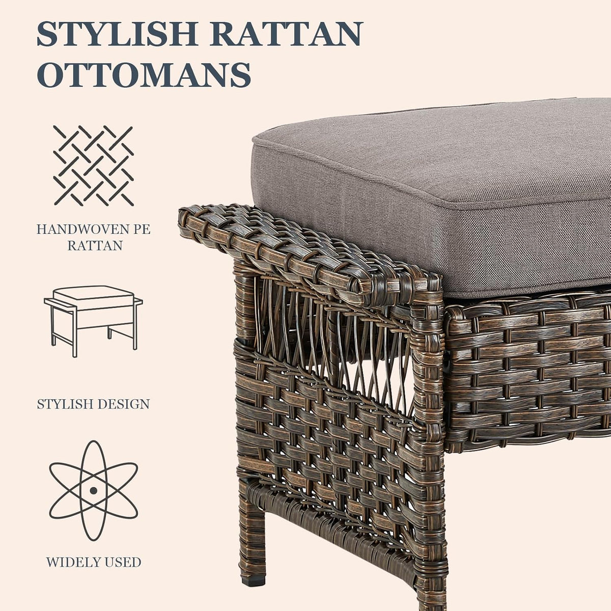 Patio Ottomans 2 Piece Outdoor Wicker Ottomans PE Rattan Footrest with Thickened Cushions Footstools for Garden Sunroom Deck Porch Balcony Poolside, Ottomans(2PCS), Brown|Grey