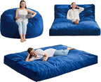 Hobestluk Adults Bean Bag Chairs Convertible 3 in 1 Large BeanBag Couch | Velvet,3 IN 1 Design,Memory Foam Filling,Portable Handle,Comfy Sofa Couch Lounger for Living Room Bedroom | Blue FULL Size