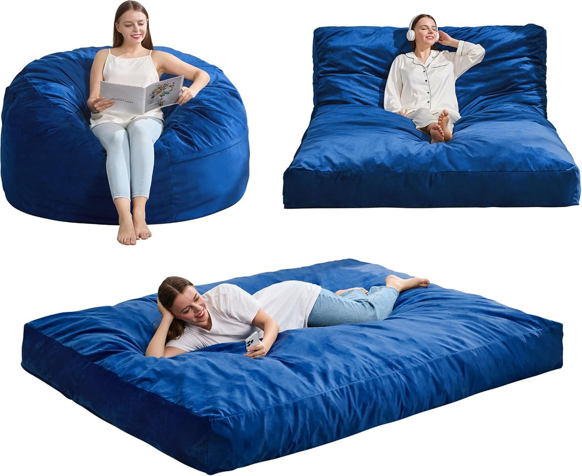 Hobestluk Adults Bean Bag Chairs Convertible 3 in 1 Large BeanBag Couch | Velvet,3 IN 1 Design,Memory Foam Filling,Portable Handle,Comfy Sofa Couch Lounger for Living Room Bedroom | Blue FULL Size