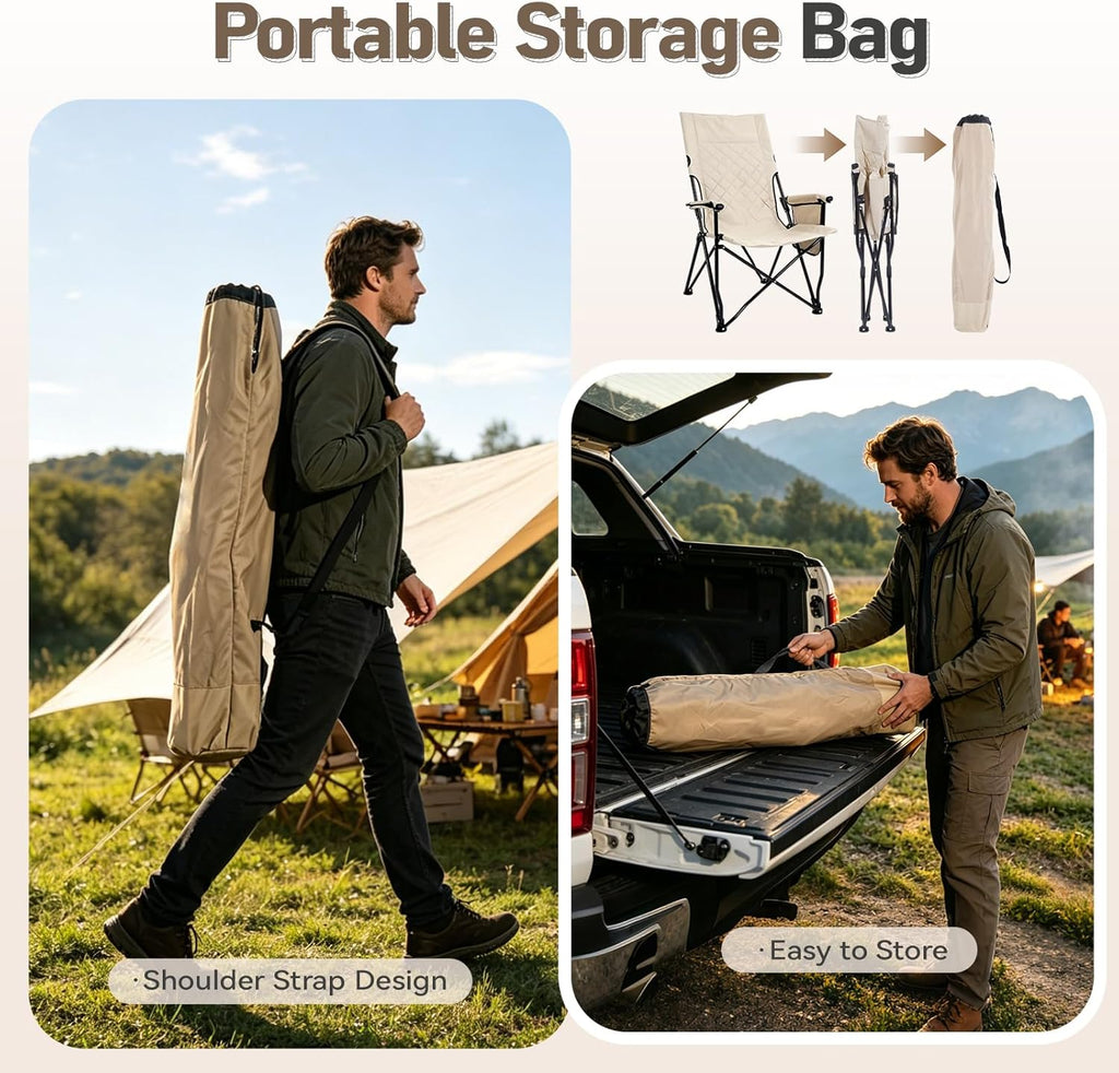 Folding Camping Chair, High Back Padded Portable Camp Chair with Storage Bag, 600D Oxford Fabric Comfortable Chair for Outdoor Camping, Beach, Fishing (Beige)