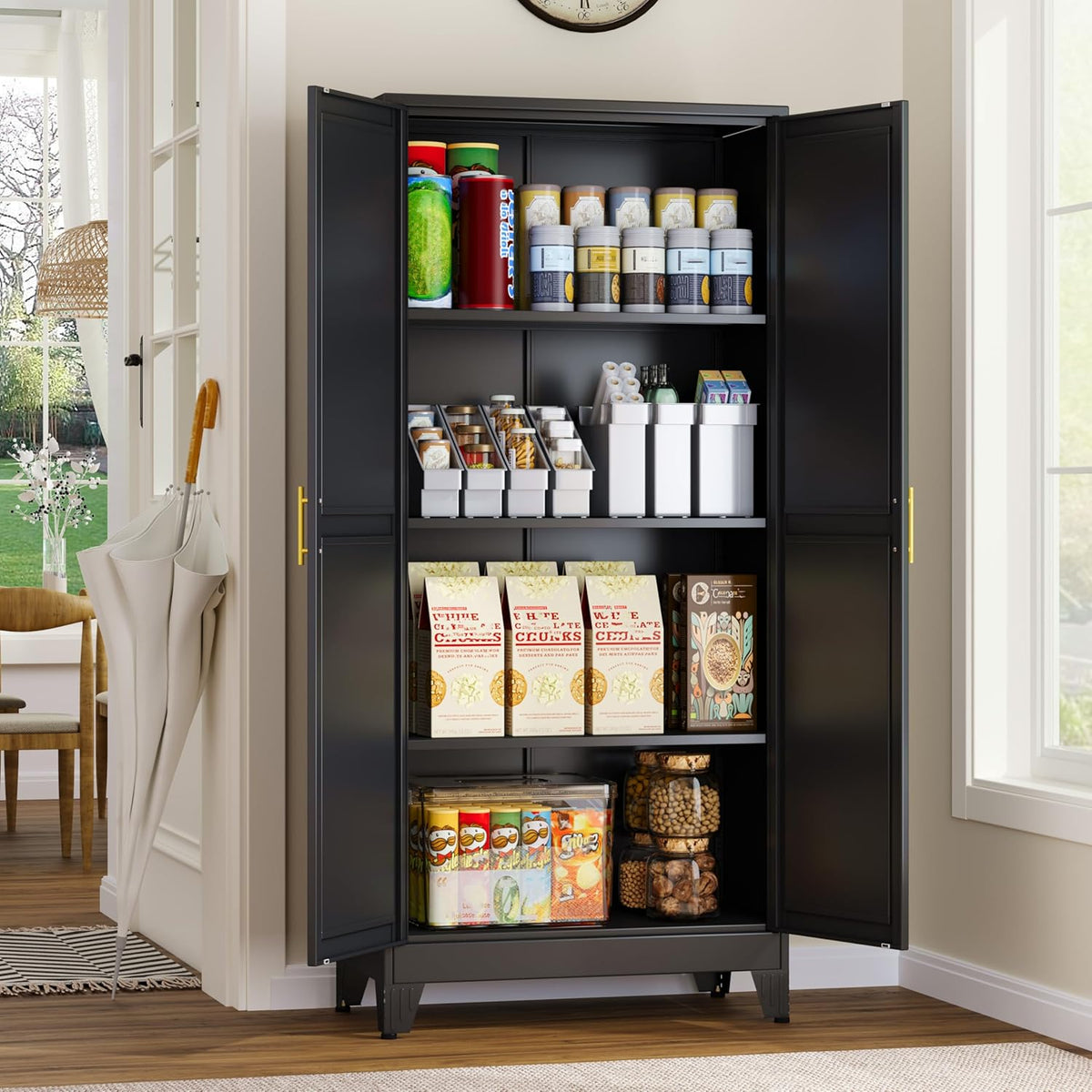 GAIOUS Metal Storage Cabinet, Black Pantry Storage Cabinets with 2 Door | and 3 Adjustable Shelves, Kitchen Food Storage Cabinet, Metal Utility Cabinet for Kitchen Laundry Room, Cupboard