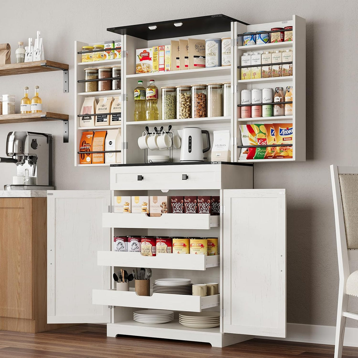 ELYKEN 72" Kitchen Pantry Storage Cabinet with Drawer, 3 Pull Out Shelves | 8 Door Shelves, Tall Pantry Cabinet Organizer, Farmhouse Kitchen Hutch, Pantry Storage Shelves, Dining Room, White