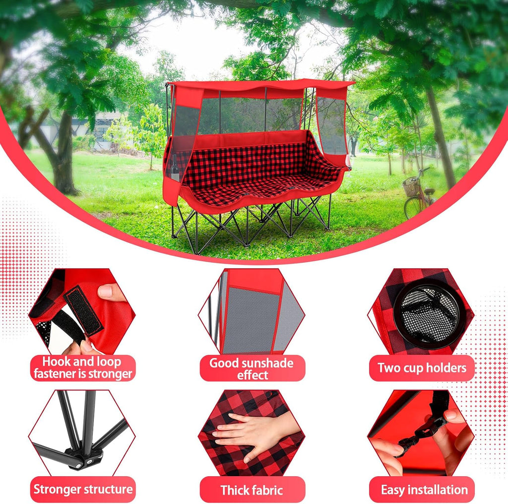Teenyyou 3 Person Camping Chair with Canopy – Ultimate UV Sun Protection, 700lbs Heavy Duty Oversized Beach Chair, Foldable Portable Sofa with Cup Holder & Storage for Beach Lawn Outdoor(Red Black)