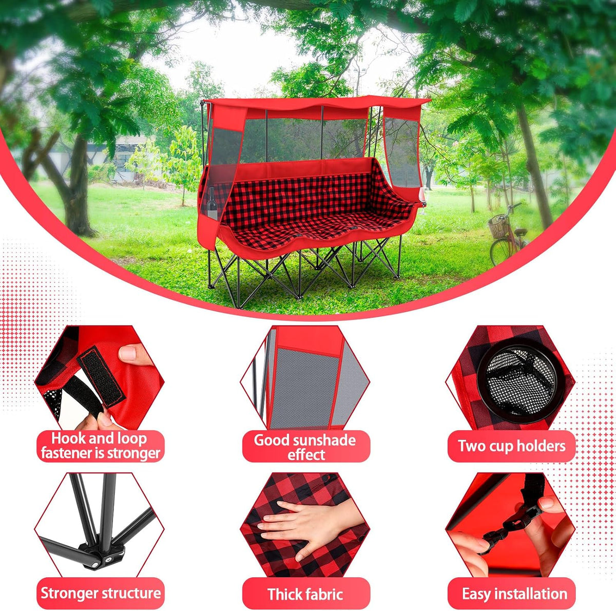 Teenyyou 3 Person Camping Chair with Canopy – Ultimate UV Sun Protection, 700lbs Heavy Duty Oversized Beach Chair, Foldable Portable Sofa with Cup Holder & Storage for Beach Lawn Outdoor(Red Black)