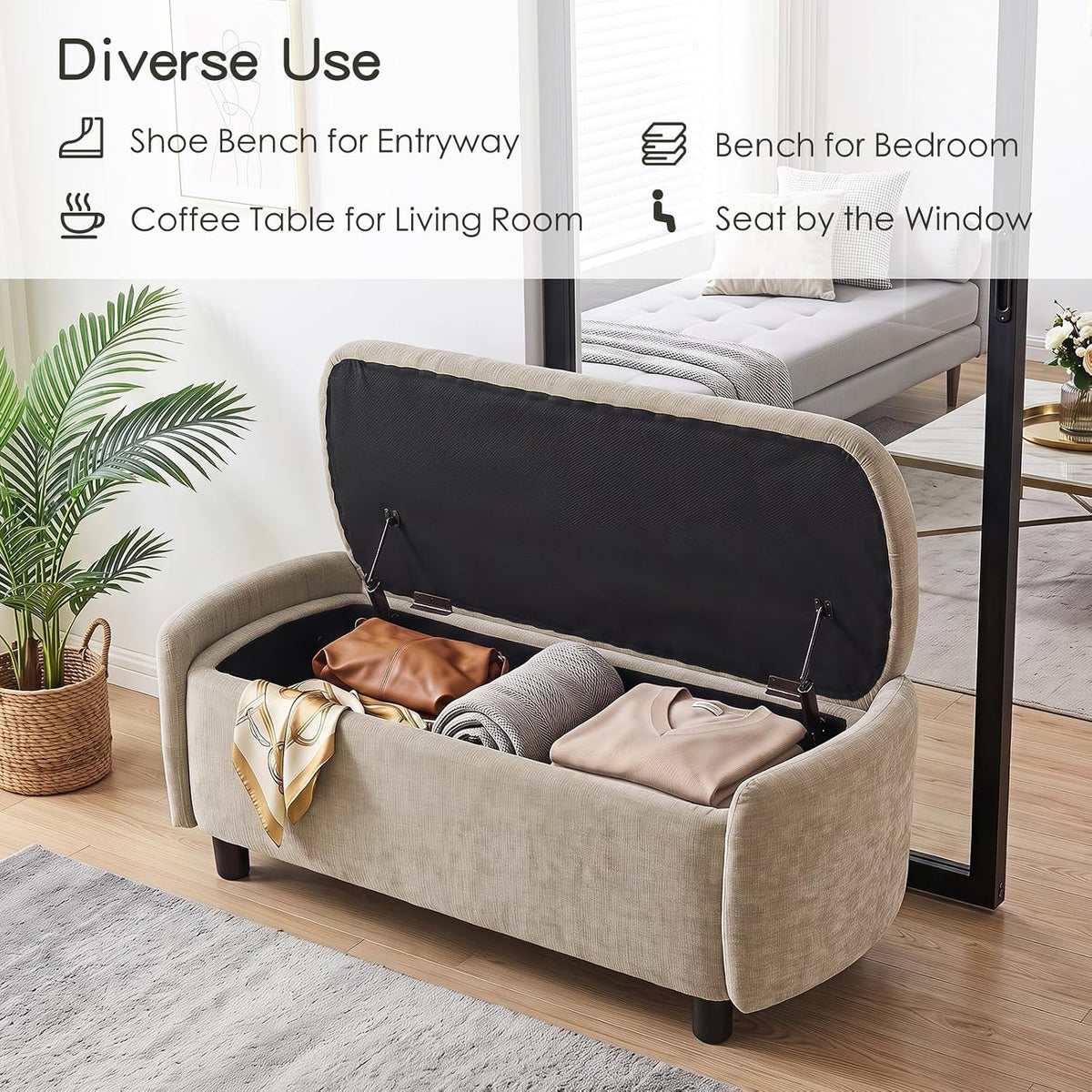 Furniliving 46.5‘’ Chenille Storage Bench, Button-Tufted Upholstered Storage Ottoman Bench with Safety Hinge, End of Bed Bench for Bedroom Entryway Living Room, Camel