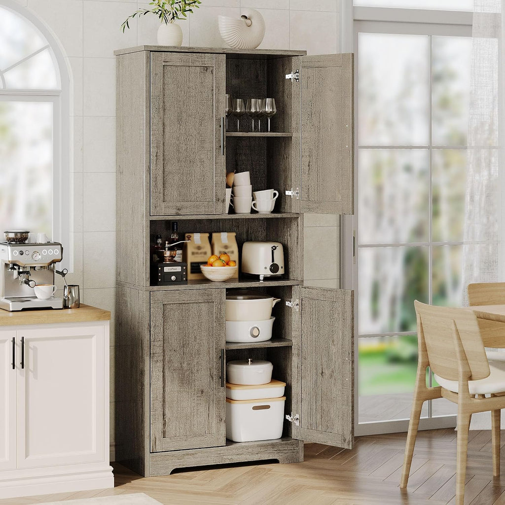 GarveeHome Tall Storage Cabinet, 70 in Kitchen Pantry Cabinet with Doors and Adjustable Shelves, Rustic Wooden Cupboard for Dining Room, Living Room,Gray