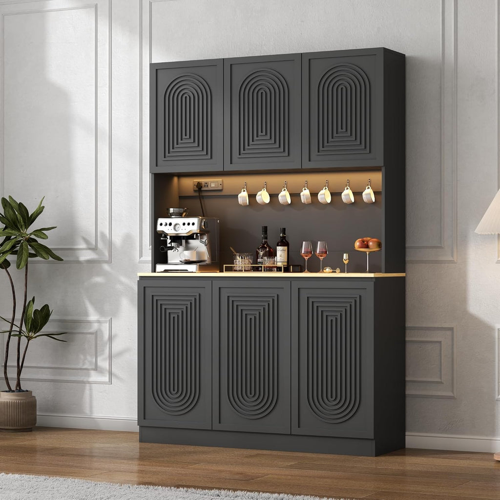 Gyfimoie 71" Kitchen Pantry with Power Outlet & LED Light, Large Kitchen Hutch Cabinet with Adjustable Shelf, Modern Buffet Cabinet with 6 Doors, Food Pantry Storage for Dining Room (Black-6 Doors)