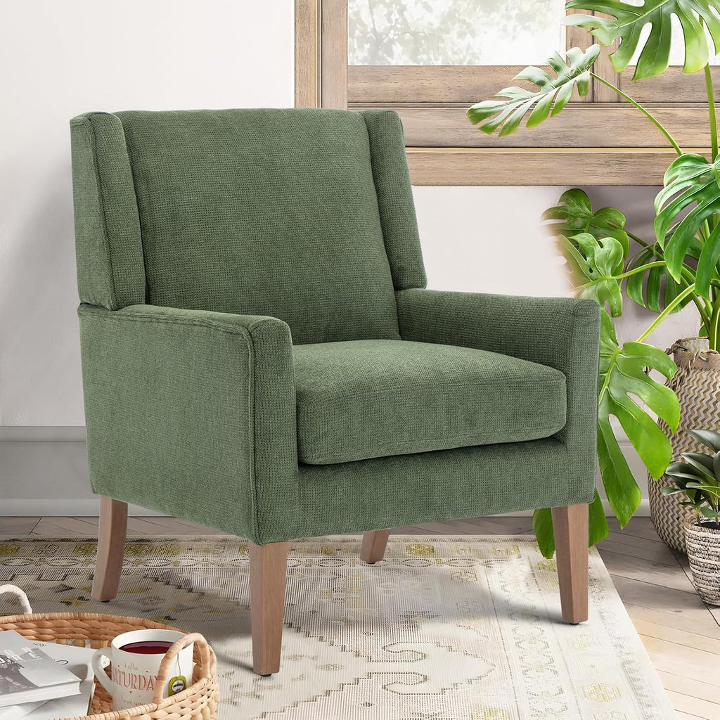 COLAMY Modern Wingback Living Room Chair, Upholstered Fabric Accent Armchair, Single Sofa Chair with Lounge Seat and Wood Legs for Bedroom/Office/Reading Spaces, Green