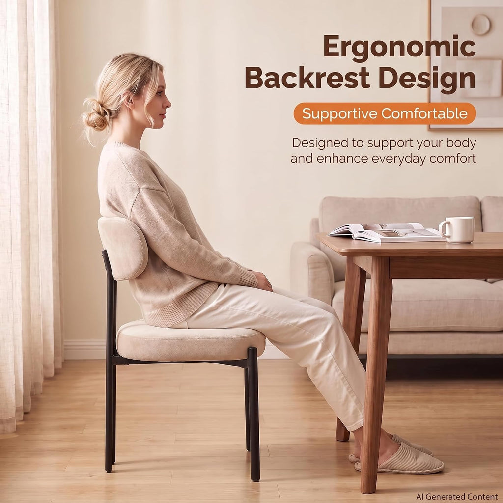 Ya-Home Modern Dining Chairs Set of 2, Chenille Kitchen Chairs, Khaki | Curved Back Upholstered Chairs With Black Metal Legs, Armless Dining Room Chairs Guest Chairs for Restaurant/Home Kitchen