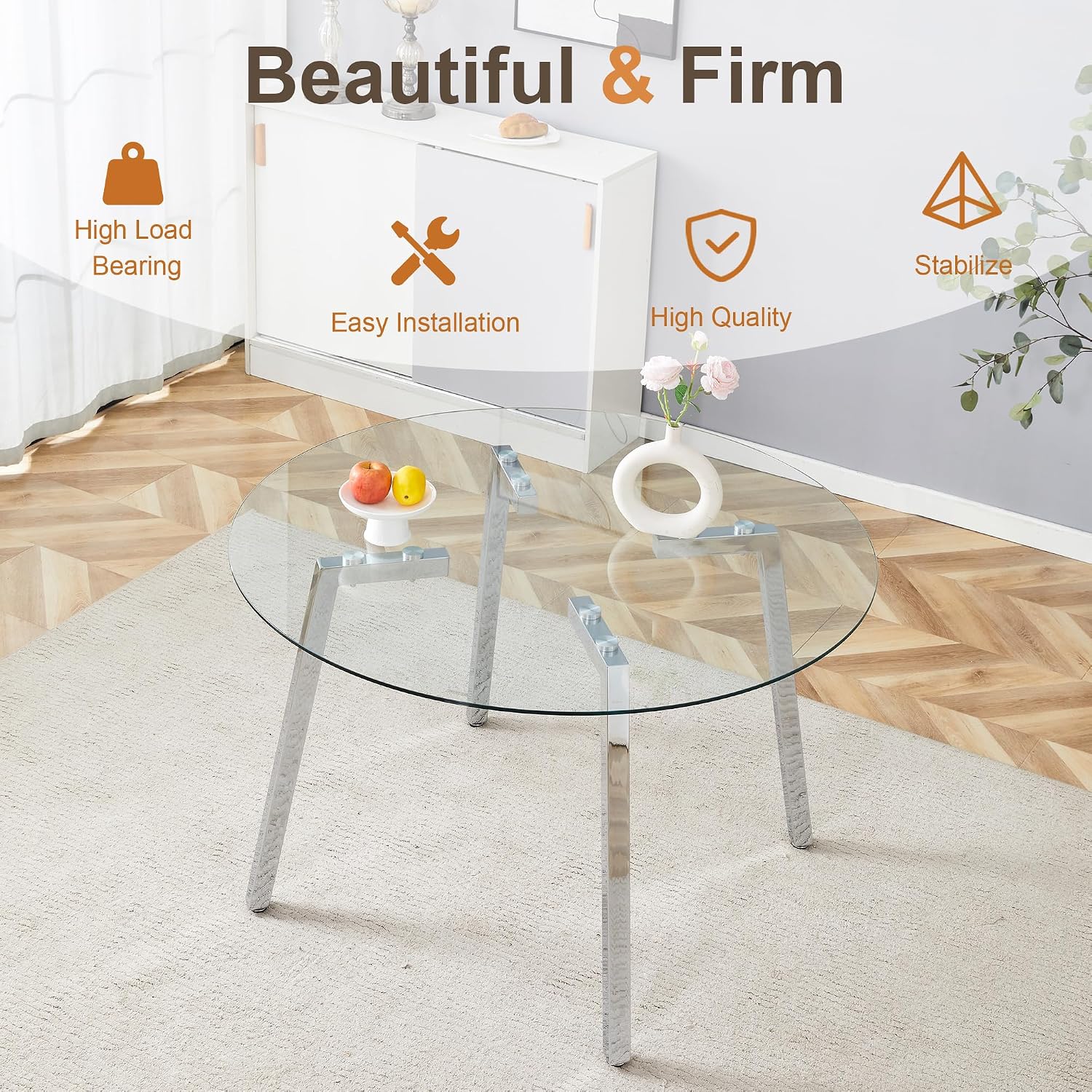 Clear Round Glass Top Dining Set for 4, 42'' Modern Luxury Circle Dinner Set, 5 PCS Minimalist Circular Kitchen Table Set, Olive Green High-end Tufted Chairs, for Small Place Home (Silver)