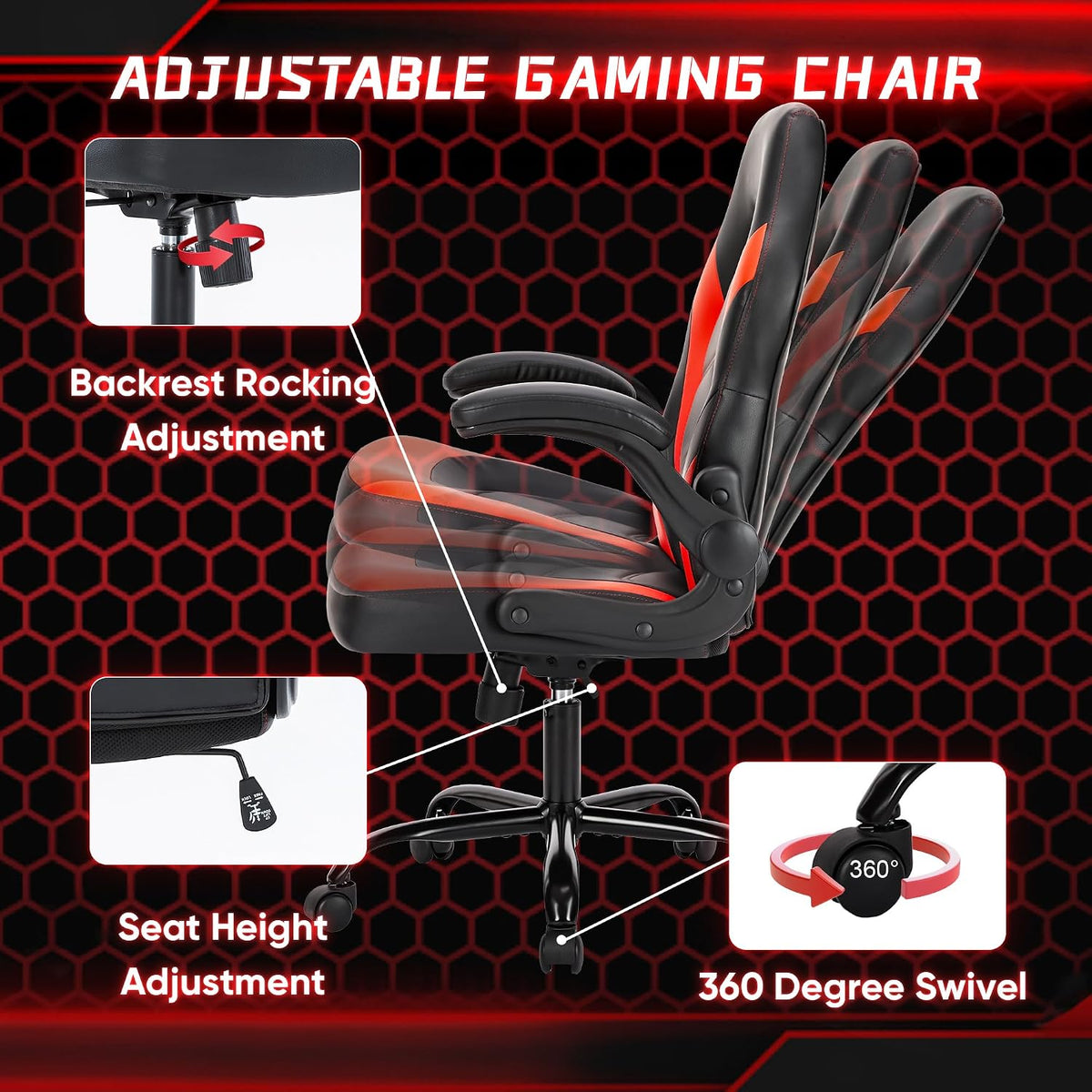 OLIXIS Computer Gaming Chair, Lumbar Support, Video Game | PU Leather, Flip-up Armrests, Adjustable Height, 360° Swivel Wheels, Ergonomic Home Office Desk, Black and Red