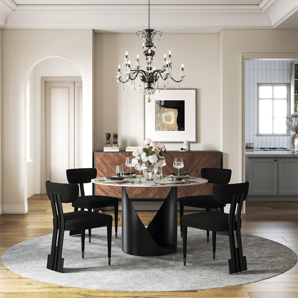 Black and Gold Dining Chairs Set of 4, Mid Century Upholstered Dining Room Chairs with Curved Backrest and Stainless Steel Legs, Luxury Modern Boucle Dining Chairs for Kitchen, Living Room