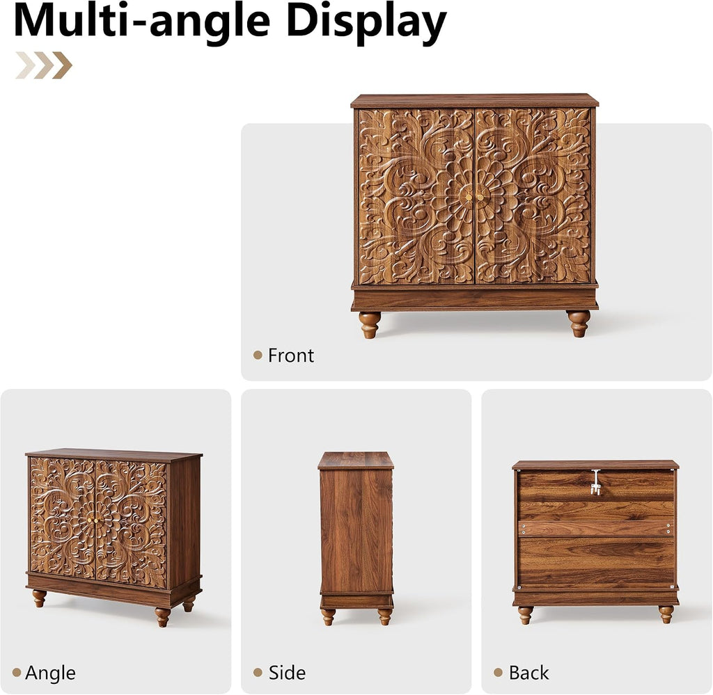 weselon Accent Cabinet with 2 Doors, Farmhouse Carved Buffet Sideboard with Adjustable Shelves, Storage Cabinet Entryway Table for Living Room (Walnut)