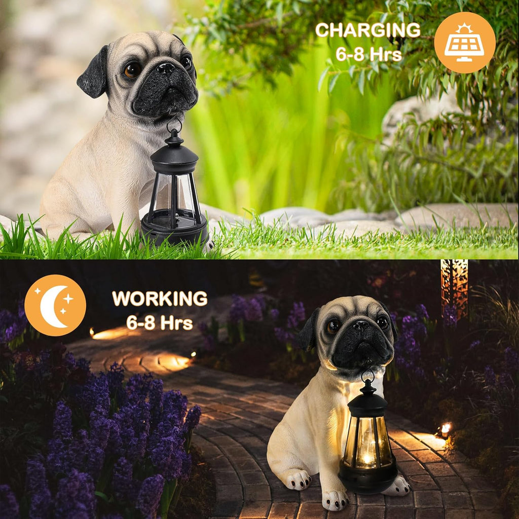 Afirst Solar Dog Garden Statue with Solar Lantern Outdoor Garden Pug Statues Figurines Lights Decorations for Patio Balcony Yard Ornament Outdoor Decor Gift