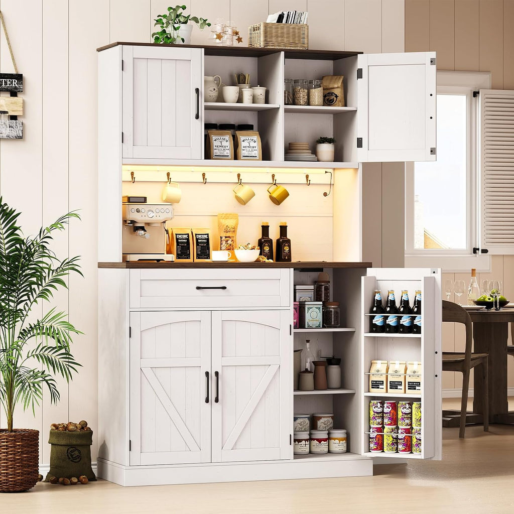 ONBRILL 71" Kitchen Pantry Cabinet with LED Light/Outlet, Off White+Walnut | Pantry Cabinet, Kitchen Hutch with Microwave Shelf & 6 Hooks, Door Shelves & Drawer & Adjustable Shelves, for Dining Room