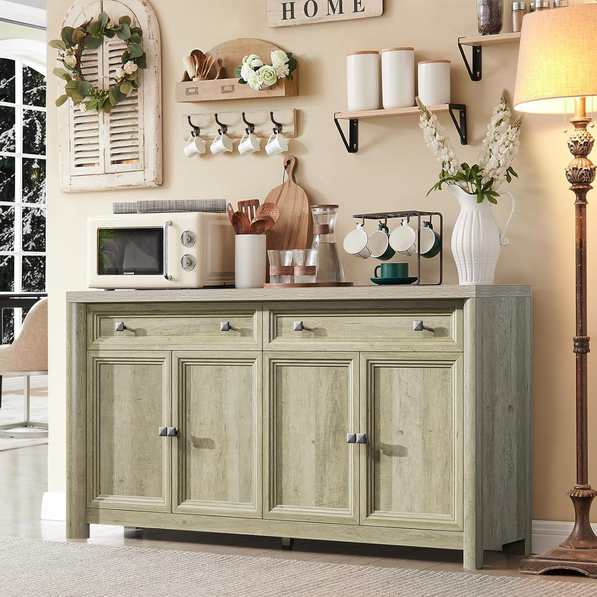 Standifurno Farmhouse Buffet Cabinet with Storage, 59" Large Sideboard Credenza with Adjustable Shelves & 4 Doors, Wood Rustic Kitchen Coffee Bar Console for Table Living Room, Natural