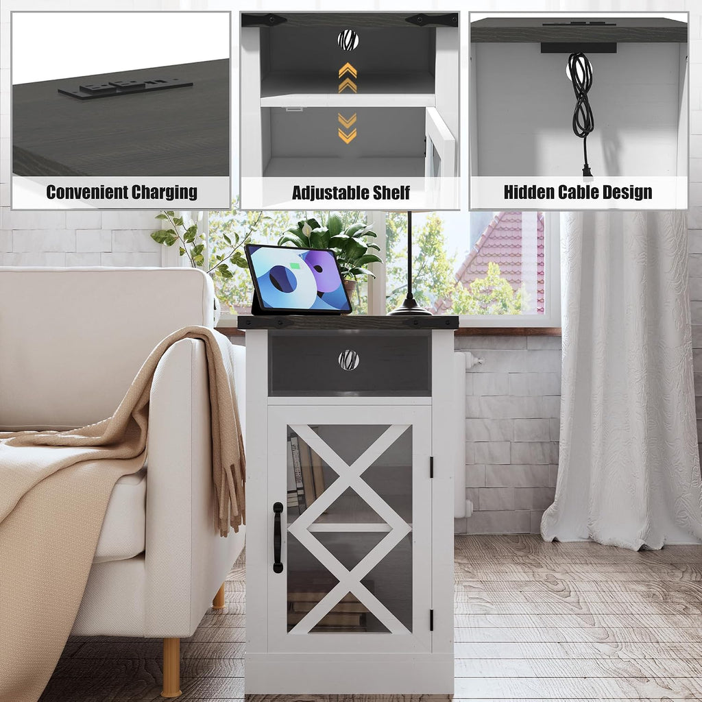Clihome End Table with Charging Station, 15.4'' Rustic Nightstand with Barn Door & Adjustable Shelf, Wooden Sofa Side Table with 3-Tier Storage for Living Room, Bedroom, White