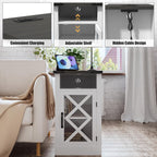 Clihome End Table with Charging Station, 15.4'' Rustic Nightstand with Barn Door & Adjustable Shelf, Wooden Sofa Side Table with 3-Tier Storage for Living Room, Bedroom, White