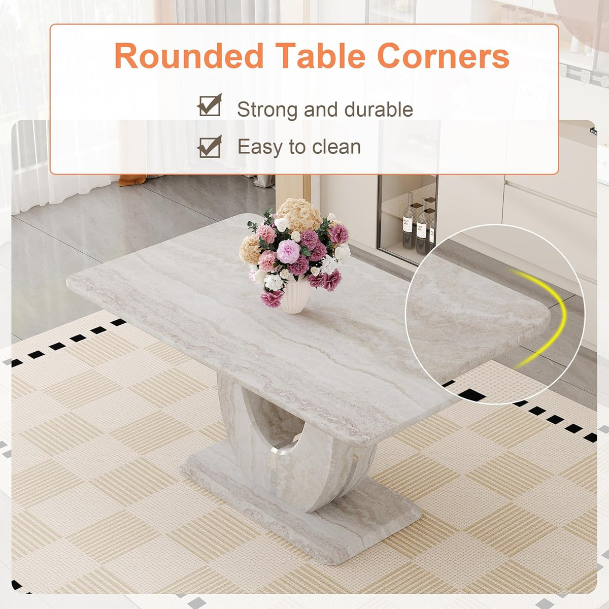 63" Faux Marble Dining Table for 4–6, Modern Rectangular Kitchen Table with U-Shaped Base, Marble Look Dinner Table for Kitchen, Dining Room, Apartment