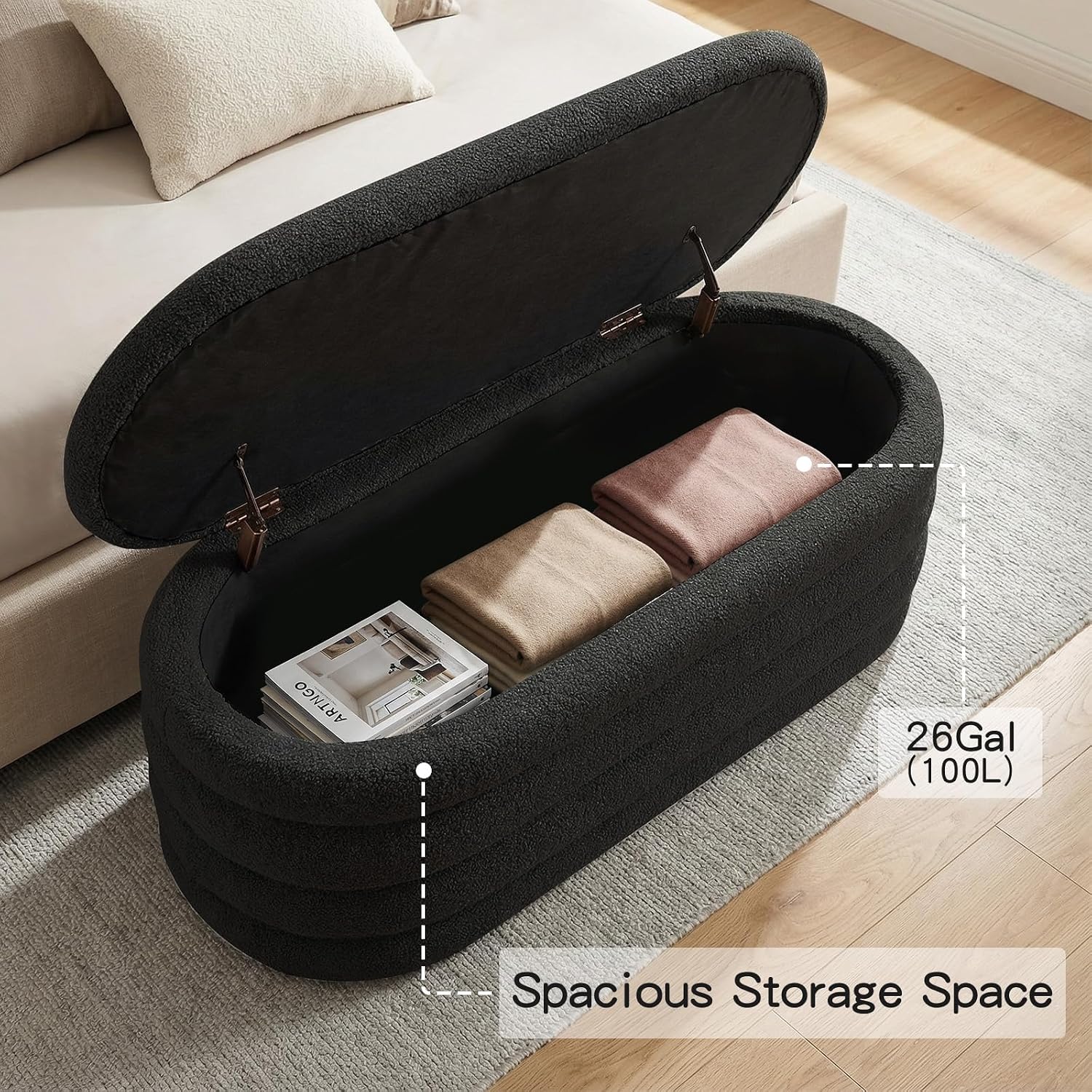 Furniliving Storage Ottoman Bench, 45'' Upholstered Boucle Ottoman with Storage, Aesthetic End of Bed Bench for Bedroom Living Room Entryway, Black