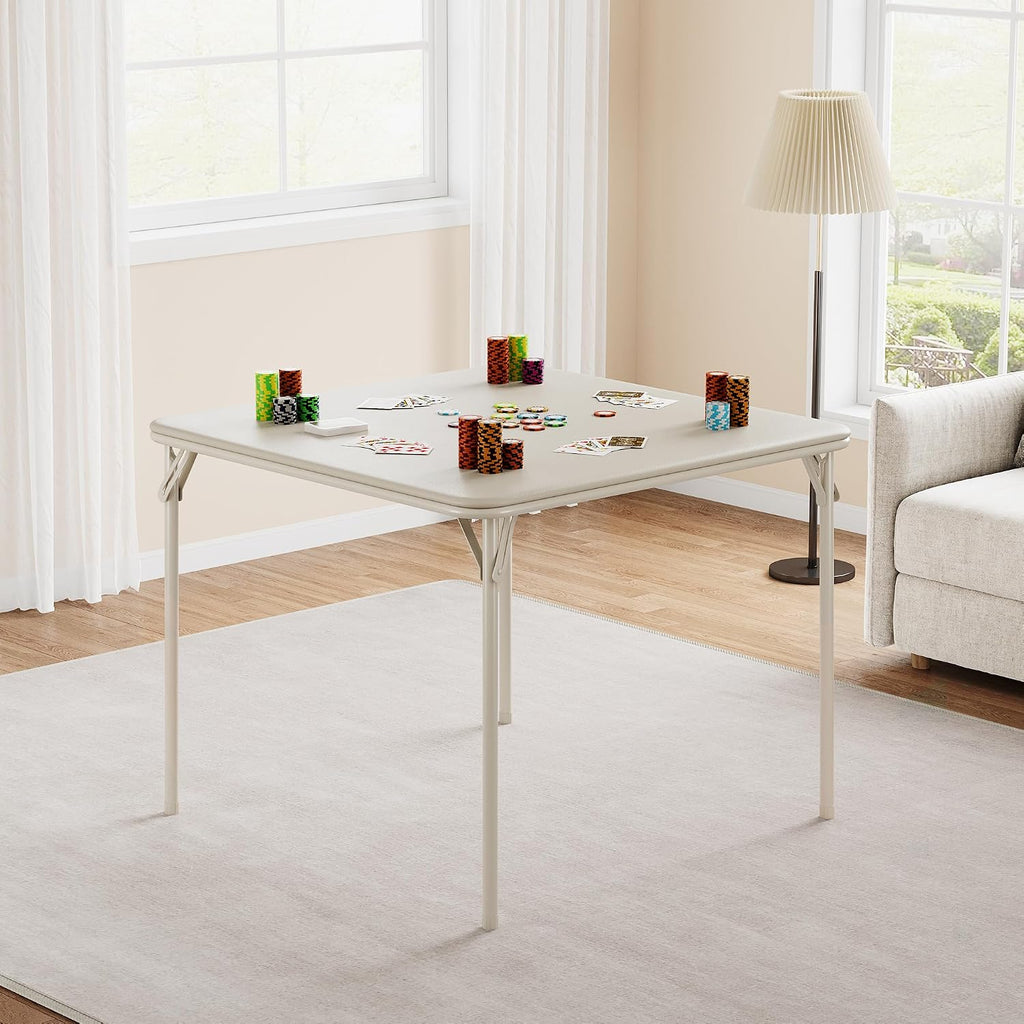 33.6'' Folding Square Card Table, Portable Card Table with Folding Legs & PU Leather Surface, Lightweight Foldable Puzzle Tables for Dining Room, Living Room, Office, Camping, Beige(Table Only)